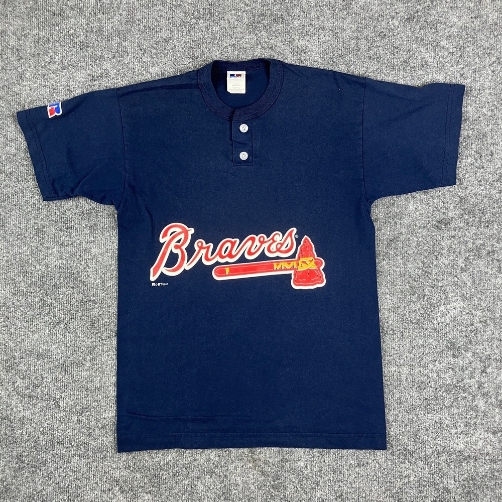 Russell T-Shirt Youth Size‎ L Navy Braves Graphic Henley MLB Baseball Jersey